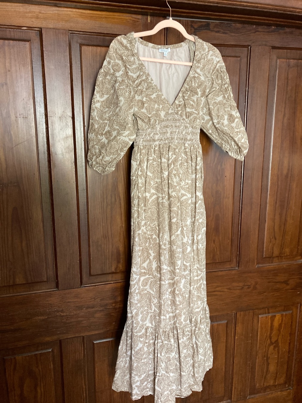 Patrons of Peace Taupe Paisley V-Neck Cotton 3/4 Sleeve Maxi Dress